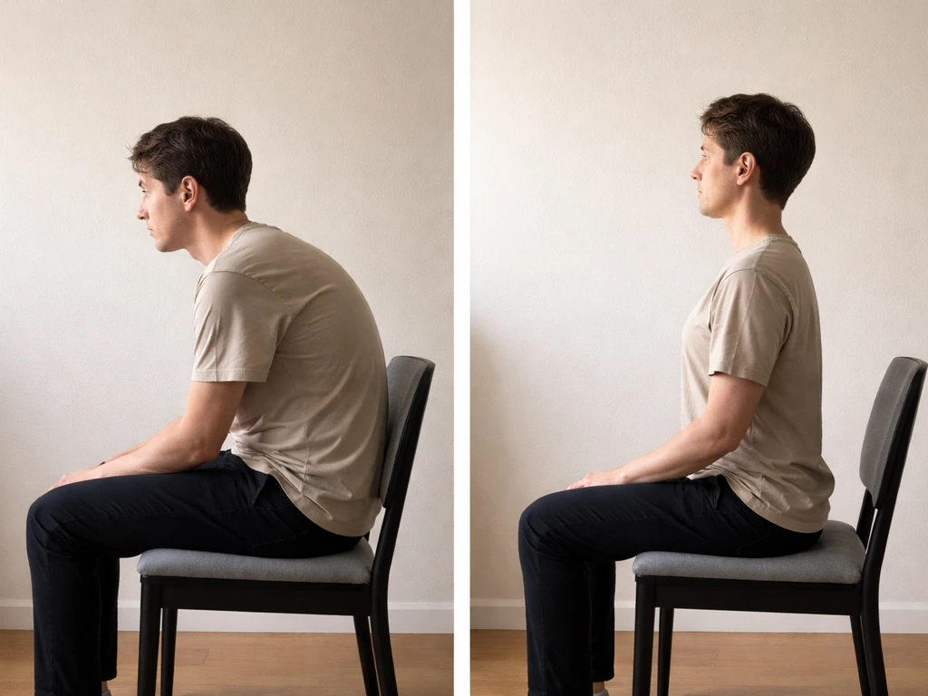 Two seated silhouettes showing slouched versus neutral upright posture against a plain wall