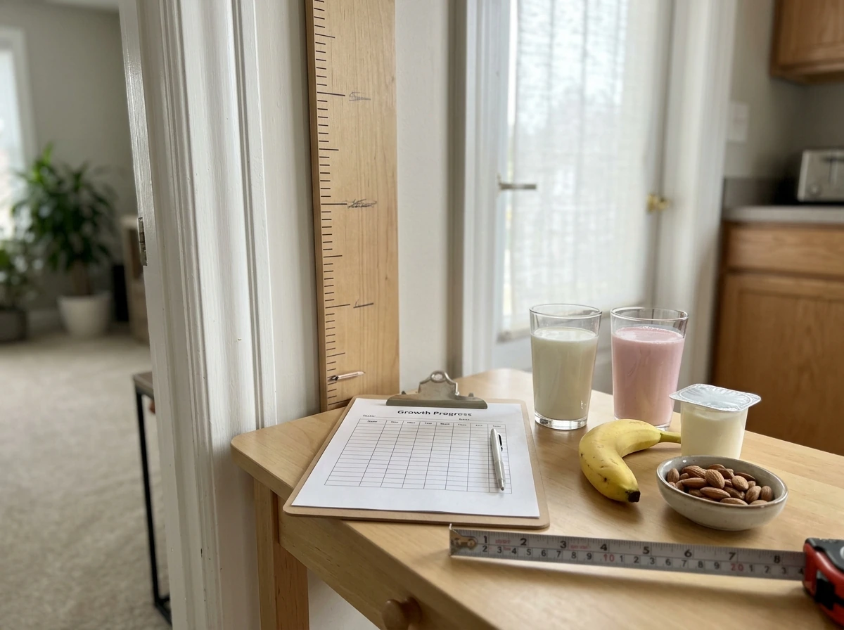 Ruler height mark beside plain and strawberry milk with nutritious foods on a table