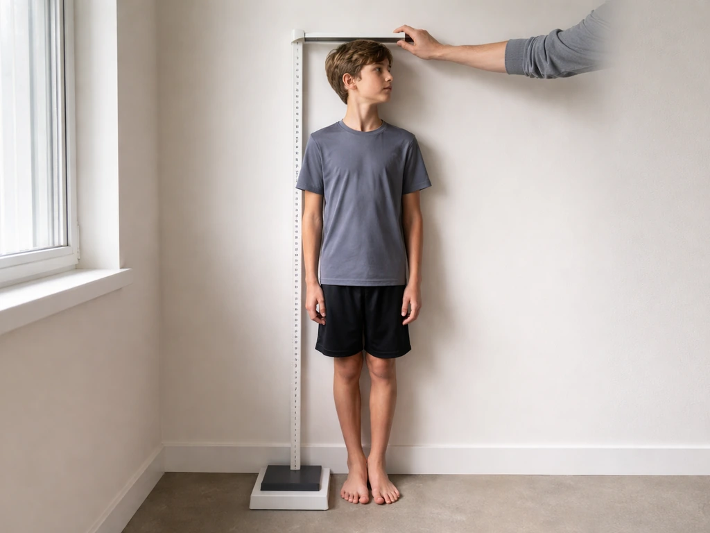 Barefoot athlete stands by a wall height-measurement setup as a hand aligns a measuring bar at head height.