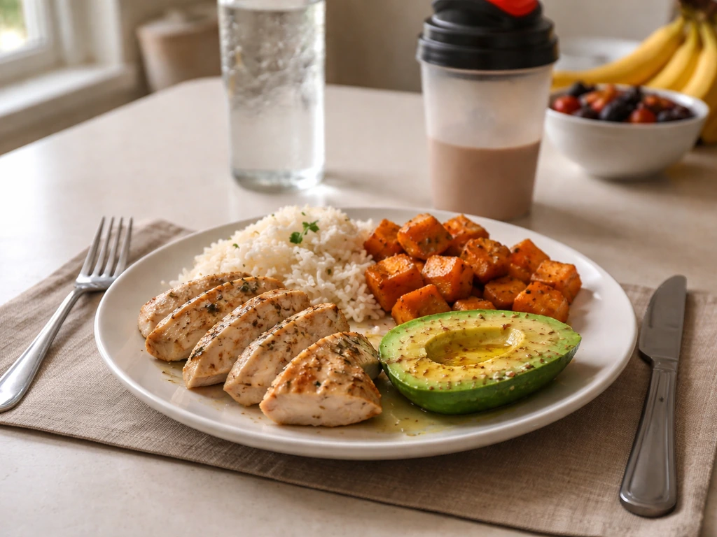 Calorie-dense meal plate with chicken, rice, avocado, and olive oil on a simple table for a teen athlete.