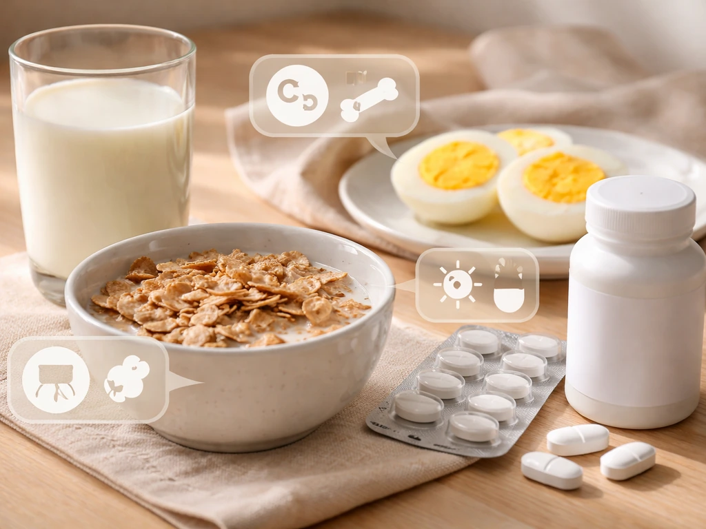 Tabletop foods and supplement bottle with subtle translucent icon-style callouts for calcium and vitamin D.
