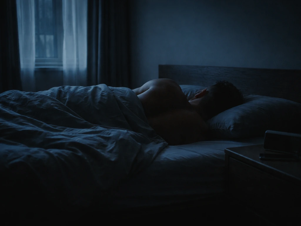 Athlete resting in a cool dark bedroom at night, with lights off and phone/alarm turned away.