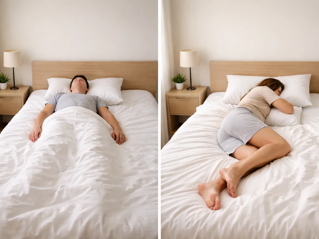 Split scene showing back and side sleeping positions with neutral spine alignment, under bright bedroom light.