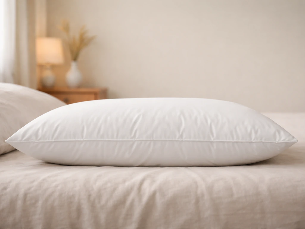 Side-profile photo of an unbranded medium-loft pillow supporting a head aligned with the upper back