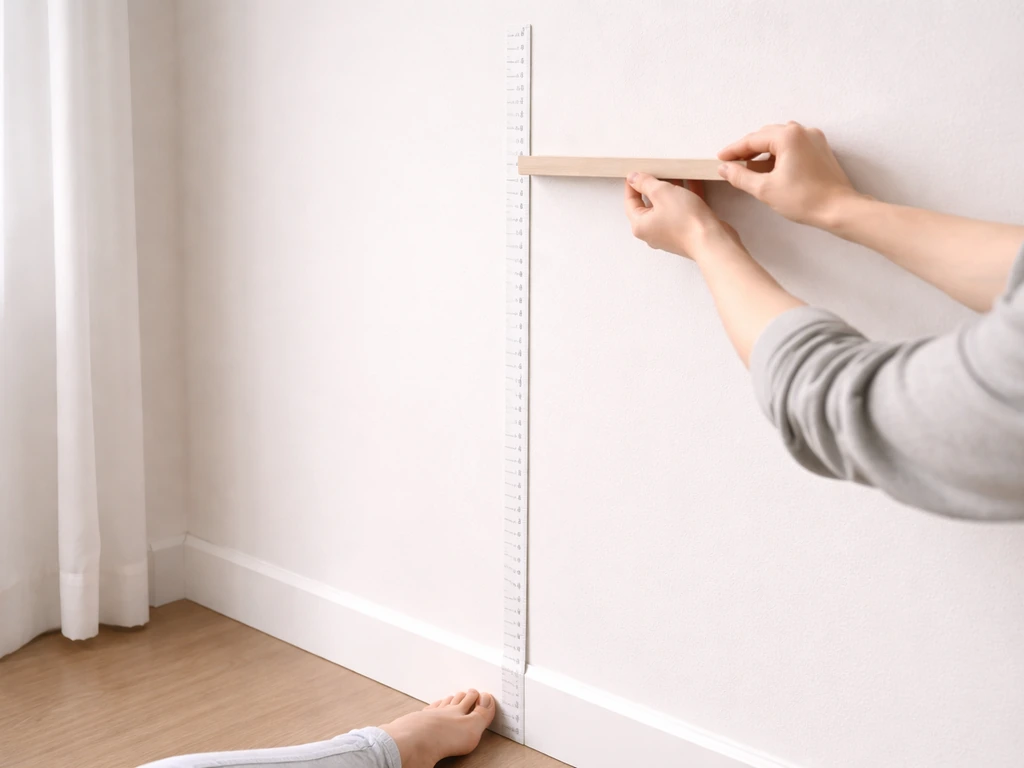 Close-up of a simple wall height-measurement setup with hands aligning a marker at head level.