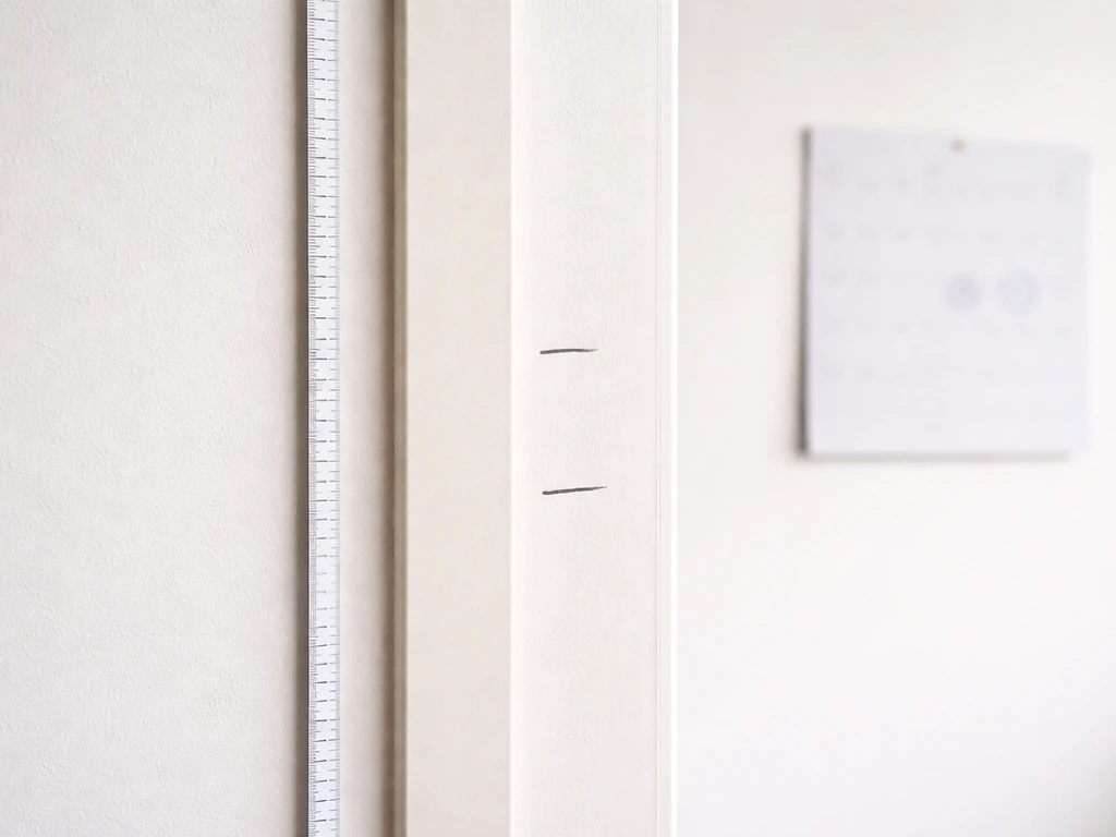 Close-up of a wall height-measuring tape showing a small before/after difference with two markers