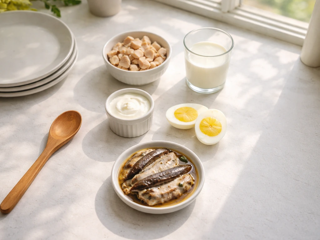 Minimal kitchen scene with protein, dairy, sunlight, and zinc ingredients arranged like a simple checklist.