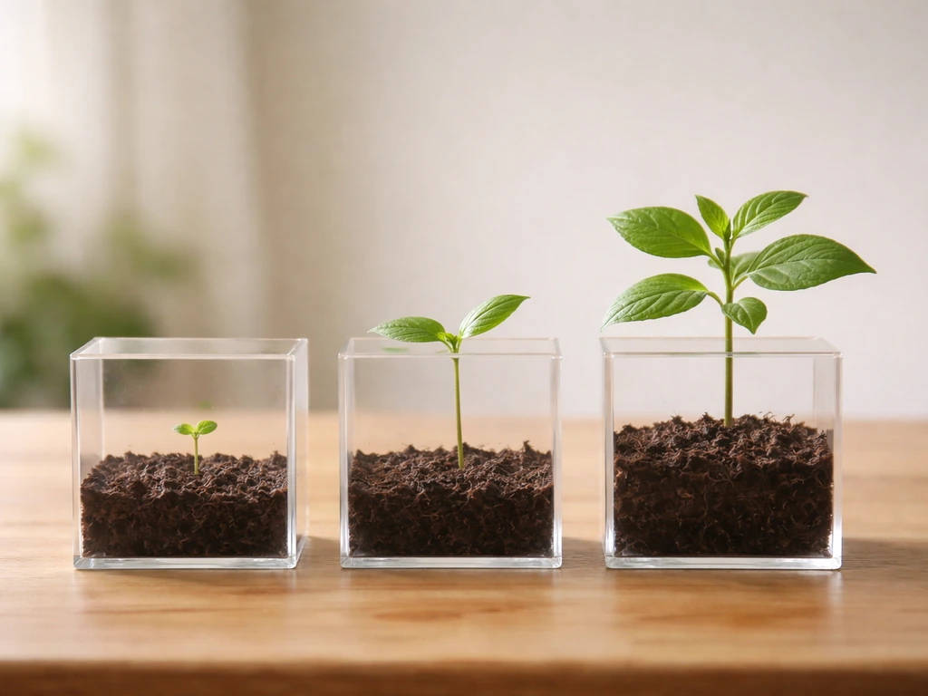 Three seedling terrariums on a wooden table, showing different growth stages in natural light.