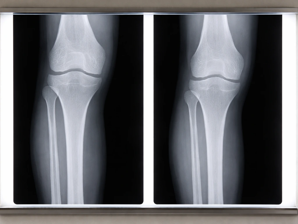 Two simple x-ray-style images side by side showing open vs fused growth plates in a child’s leg.