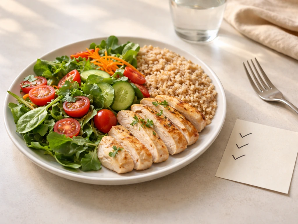 Balanced plate with protein-rich foods and a few simple checkmarks on a blank card