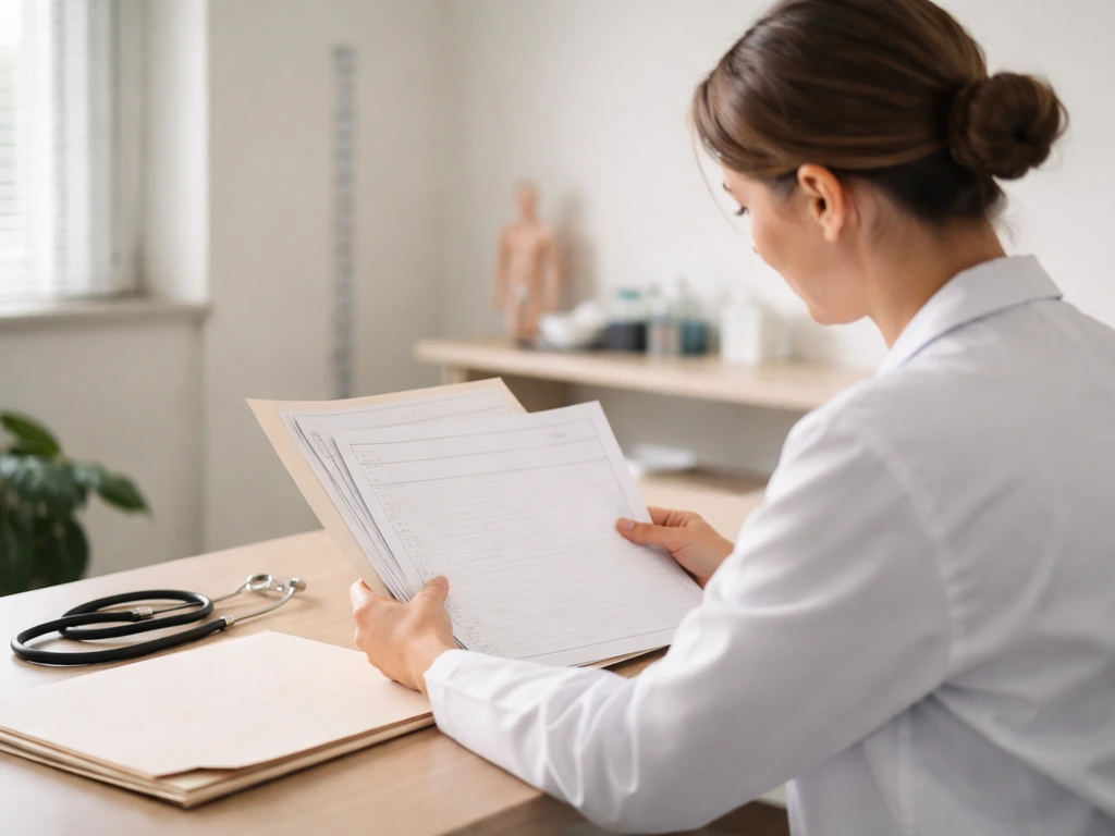 Clinician in a quiet clinic reviews growth history papers on a desk with medical items nearby.