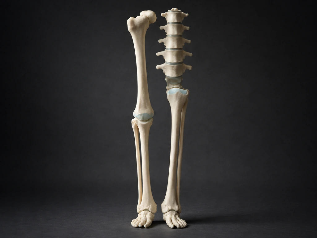 Realistic photo of long bones and stacked spine segments on a minimal dark background.