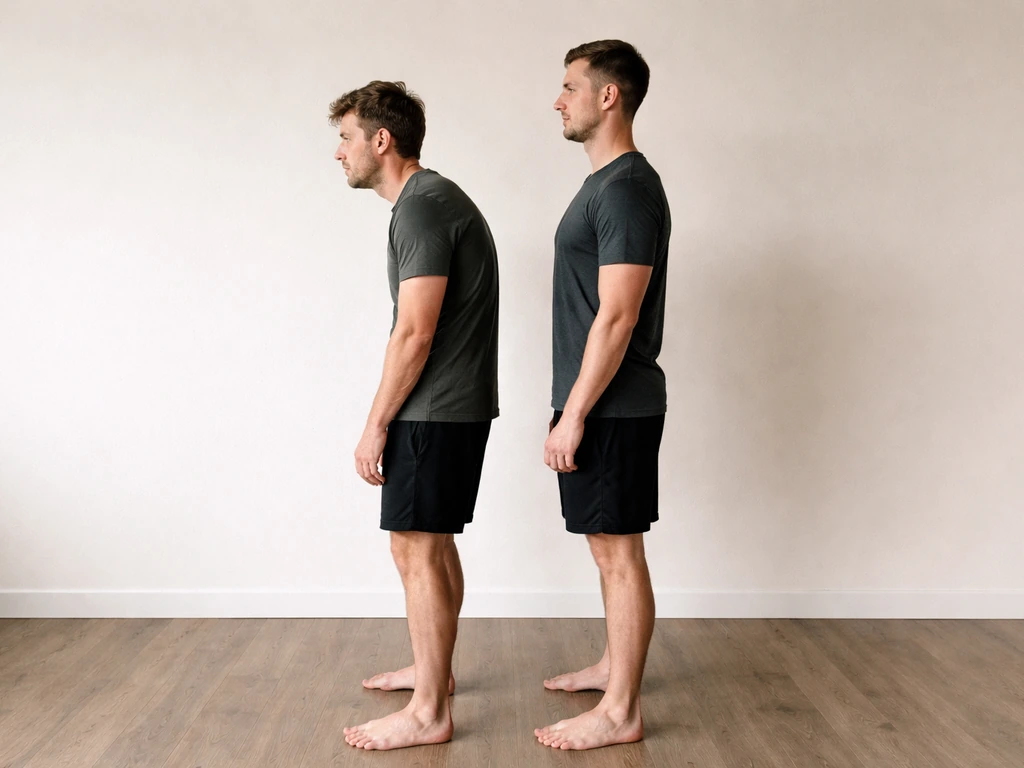 Side-by-side profile of slouched vs upright posture showing spine and shoulder alignment difference.