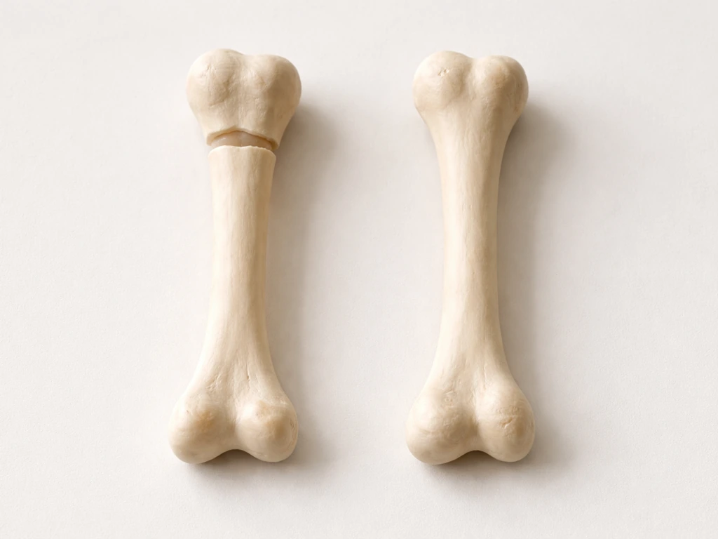 Side-by-side realistic bone models showing open growth plate versus fused bones on a tabletop.