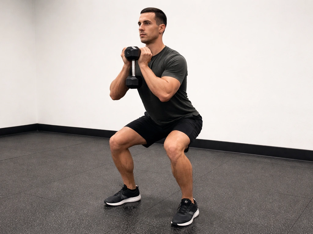 Anonymous lifter holds a dumbbell goblet position in a safe squat setup, neutral spine and braced core.