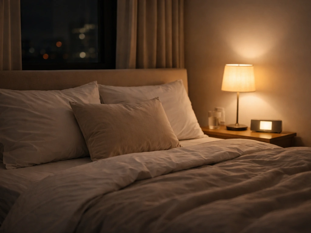 Quiet bedroom night routine setup with neatly made bed, bedside lamp, and a glowing alarm clock for sleep
