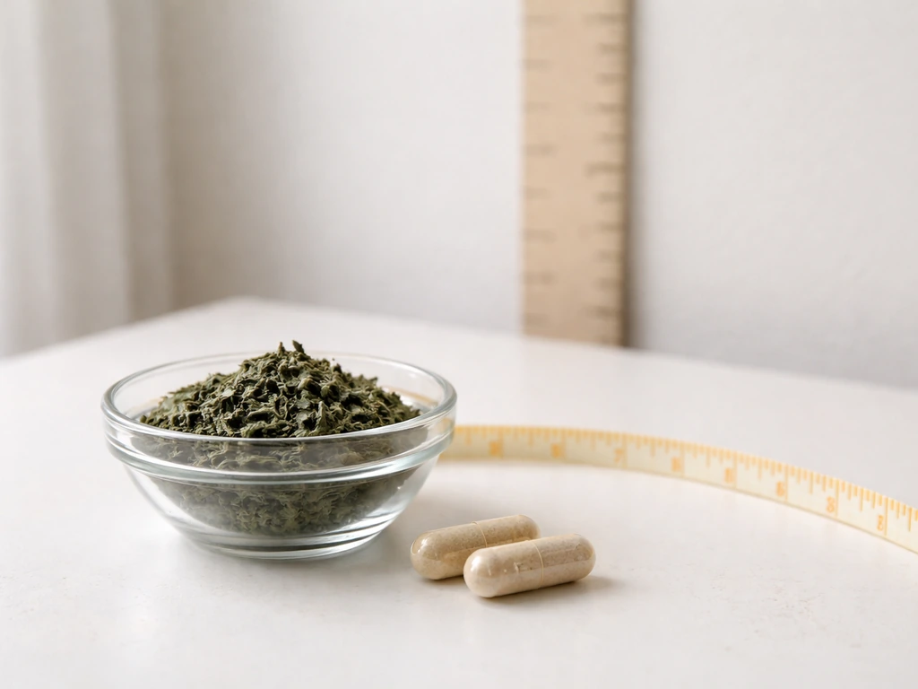 Sea moss supplement beside a child growth-height measuring concept, minimal and educational