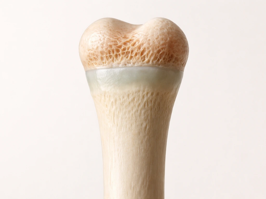 Close-up of a long bone end with a cartilage-rich growth plate zone between epiphysis and diaphysis.