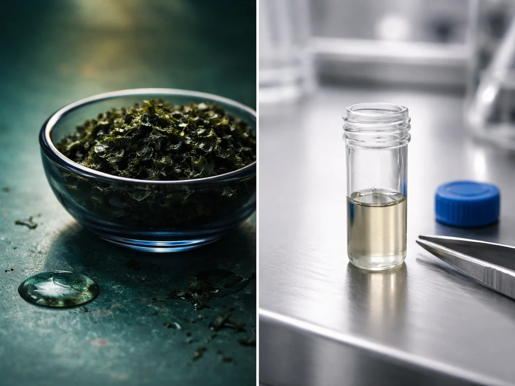 Split scene concept showing iodine overdose danger and heavy-metal contamination risk with lab-like objects