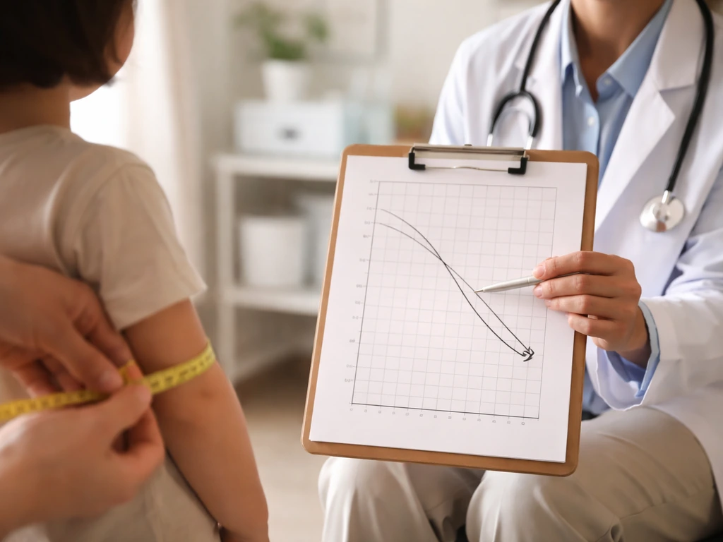 Pediatric doctor examining a growth chart with a declining percentile line in a clinic exam room.