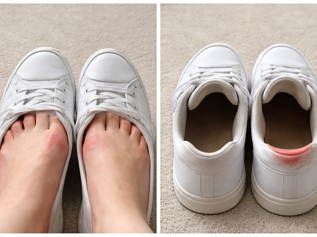 Split view of feet in too-small shoes (forefoot crowding) vs too-big shoes (heel lift, friction marks).