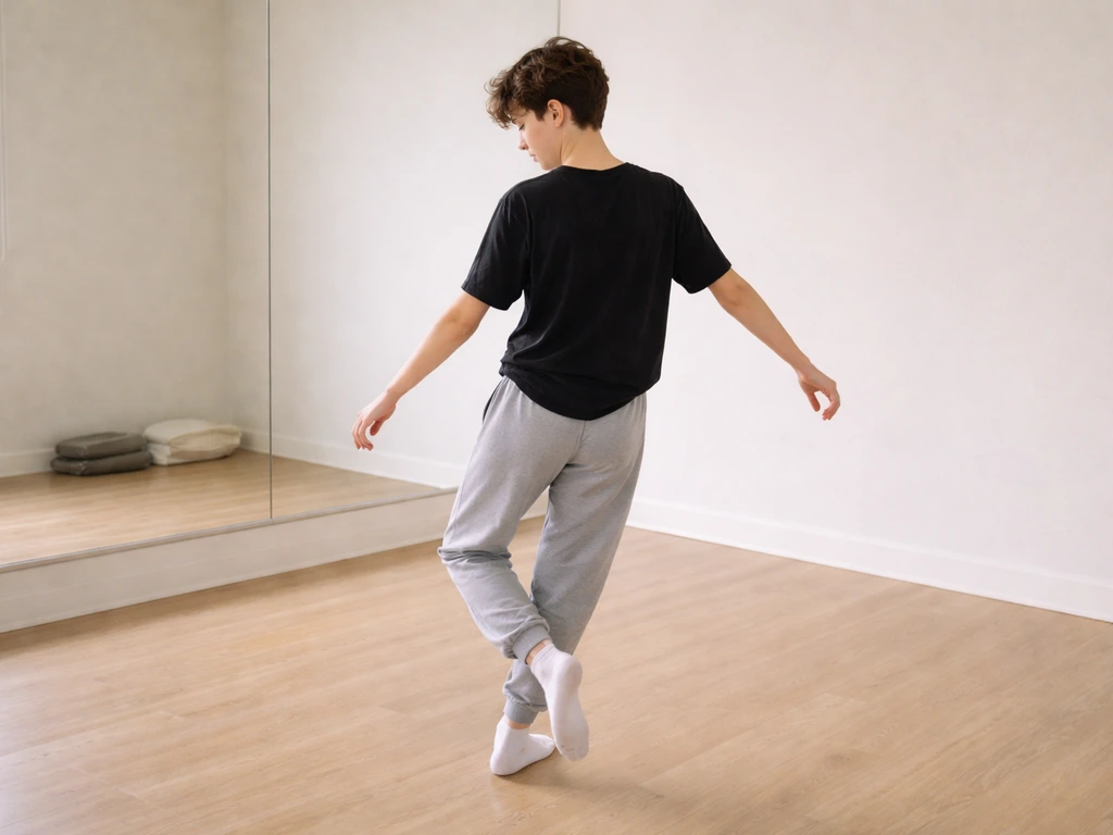 Teen dancer practicing safe footwork in a simple studio, showing careful alignment and movement.