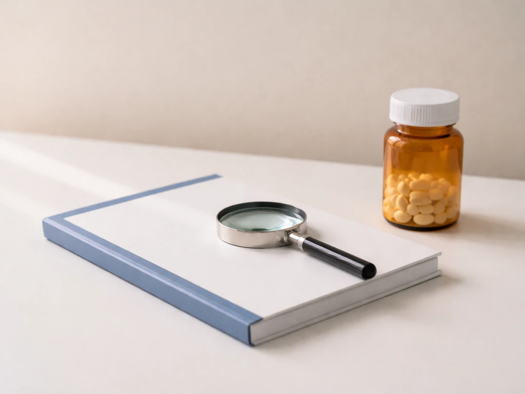 Magnifying glass over a medical journal on a desk, with a plain pill bottle beside it—no evidence theme.