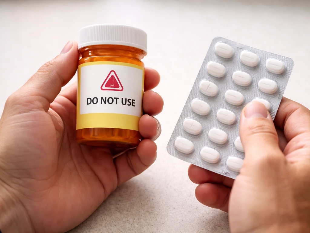 Hands holding a prescription-style sildenafil bottle and blister pack with a warning label and a blood pressure symbol.