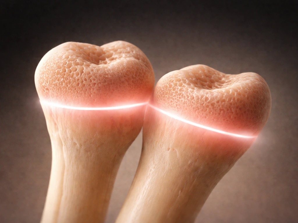 Close-up of long bone ends with a subtle height-growth layer effect, minimal medical illustration photo style.