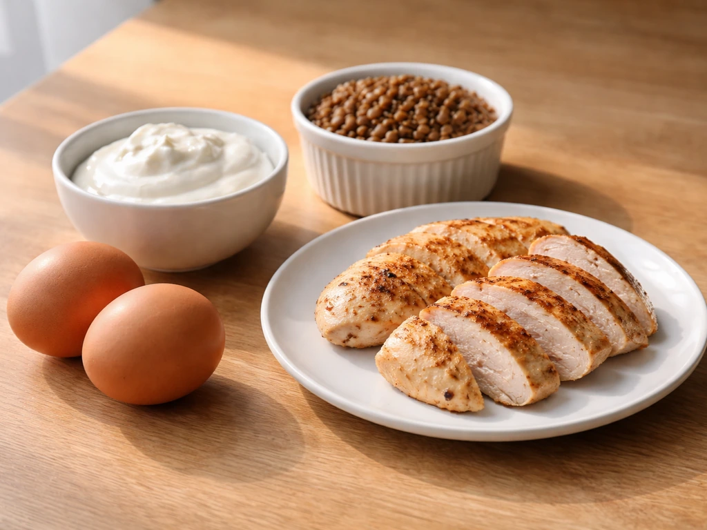 Minimal spread of protein foods—eggs, Greek yogurt, chicken, and lentils—on a wooden table.
