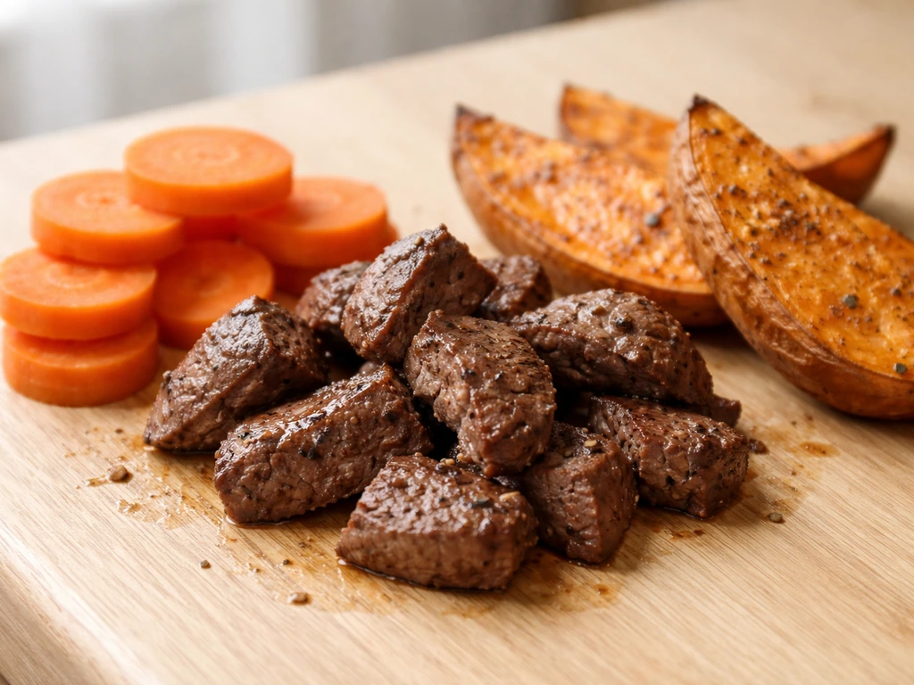 Arrange liver with carrots and sweet potatoes to represent iron and vitamin A in a simple food scene.