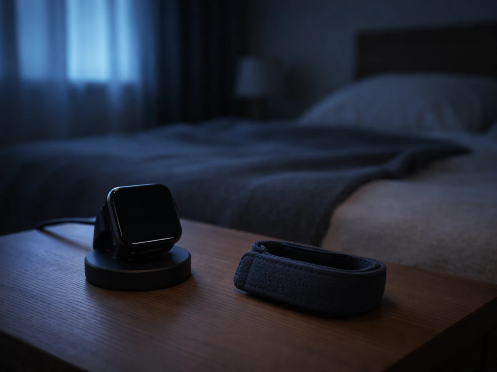 Nighttime bedroom bedside table with a dark smartwatch sleep tracker under soft moonlight.