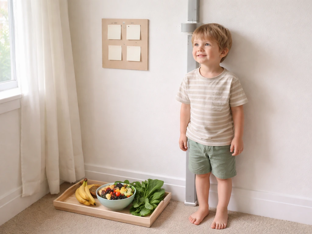 Child next to a height measurement device with a plant-based meal, suggesting growth
