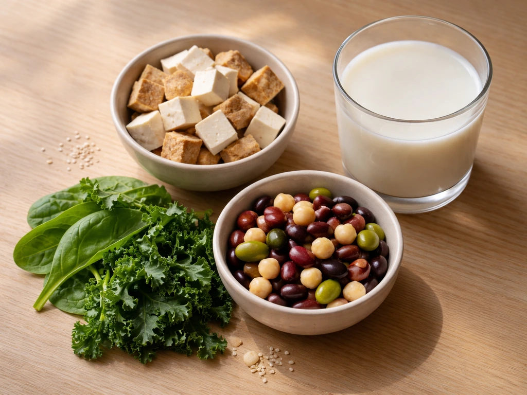 Minimal plate with vegan foods—tofu, beans, leafy greens, and fortified plant milk—arranged to suggest growth nutrients.
