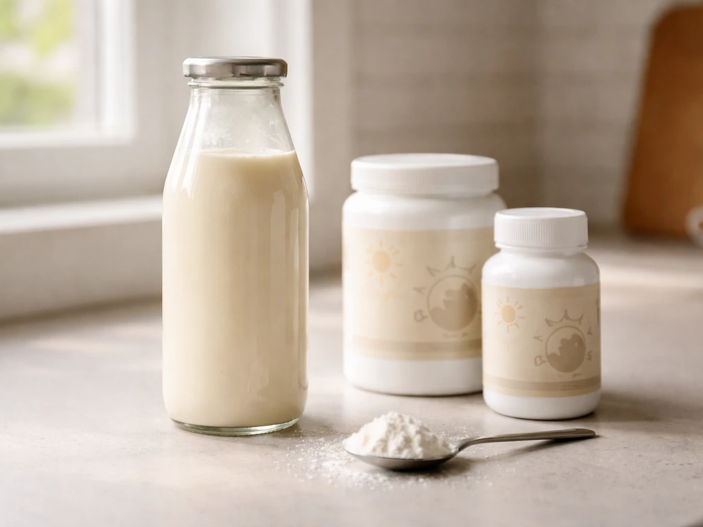 Close-up of fortified plant milk and supplement bottles with vitamin D and calcium mock packaging.