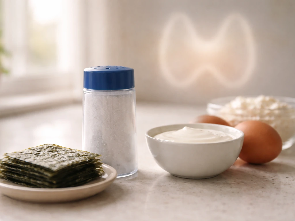 Iodized salt container and seaweed on a kitchen counter, with subtle thyroid-support shapes in the background.