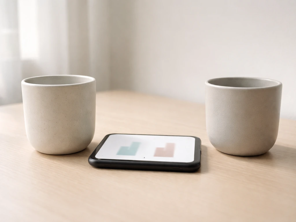 Minimal desk scene with a smartphone showing a blurred two-group bar-style research visual.