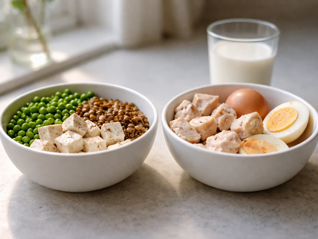 Two bowls of plant-based and omnivore ingredients on a kitchen counter under natural light.