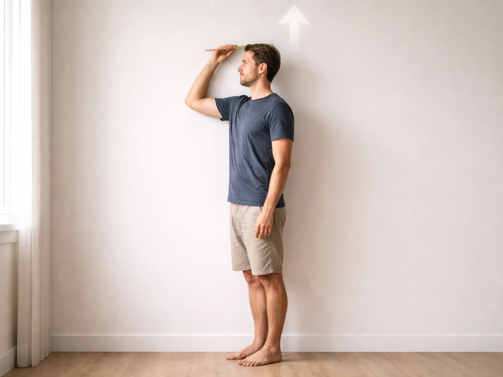 Person measuring height on a wall, standing slightly taller with a subtle upward expectation theme.