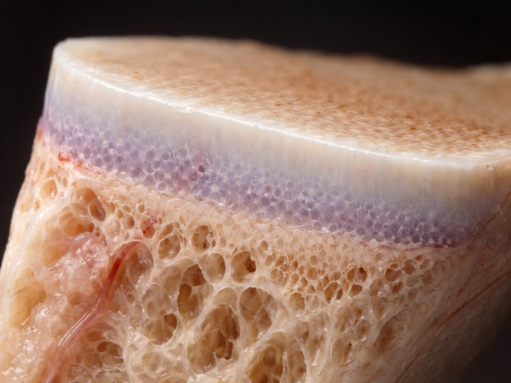 Close-up anatomical photo showing a simplified longitudinal growth plate where cartilage transitions to bone