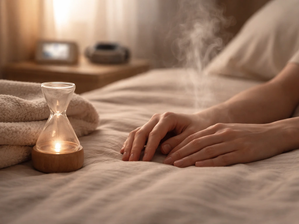 Relaxing bedtime hands near a diffuser, with subtle misty stress cues and calming glow in soft light.
