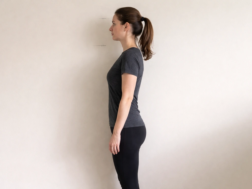Person correcting posture against a plain wall, neutral spine alignment and measuring height marks