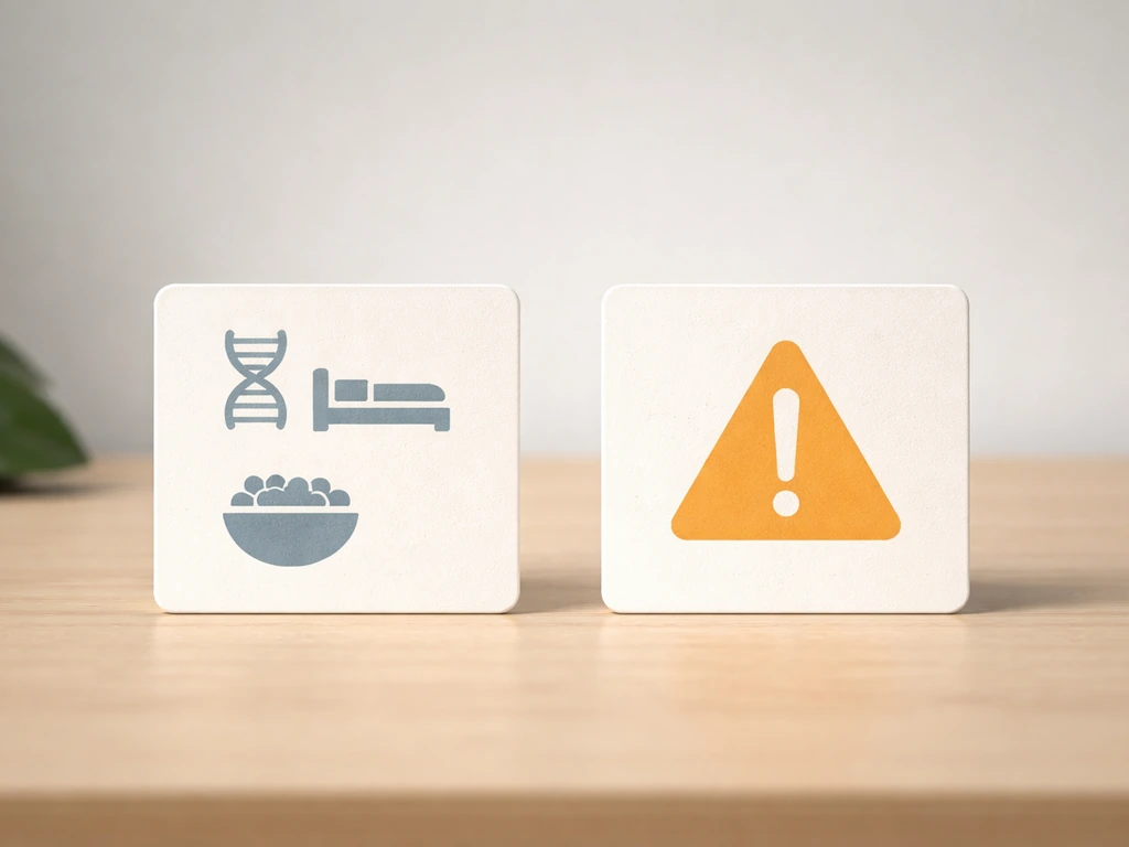 Minimal desk scene with two small icon cards: genetics/sleep/nutrition verified and a warning for unproven methods.