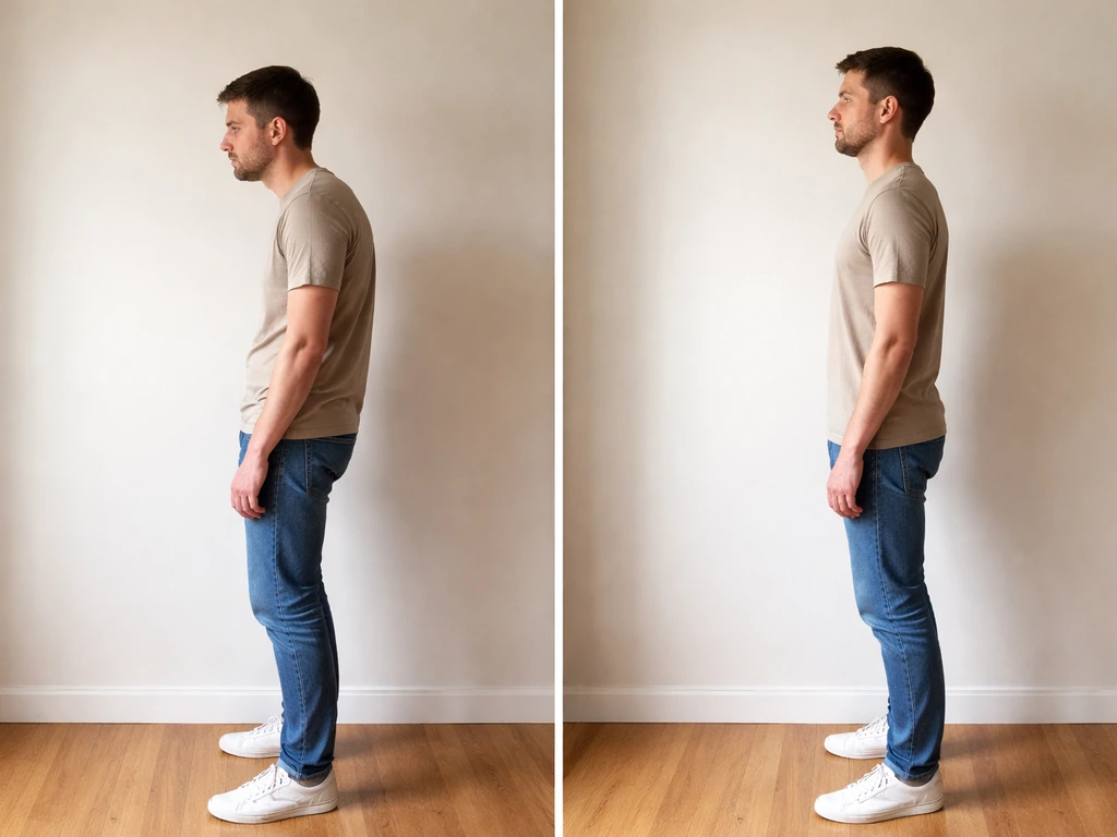 Side-by-side photo comparison of slouched forward head posture vs aligned taller posture.