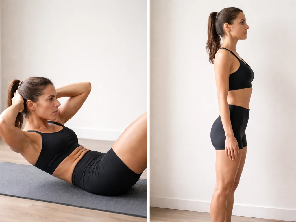 Two side-by-side workout positions showing neck strain and lower-back arching versus neutral pelvis posture.