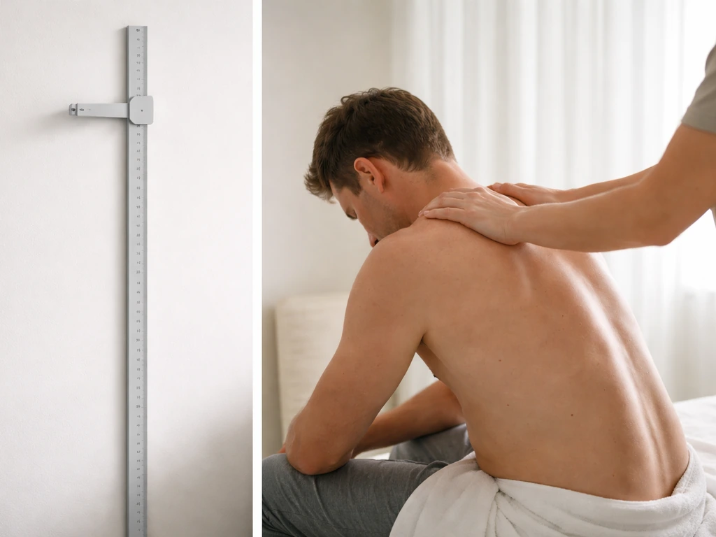 Height-measuring wall scale beside an anonymous therapist massaging a seated client’s neck and upper back.