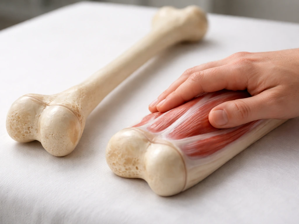 Close-up of a long bone with growth-plate region and a massage hand placed over surrounding muscle.