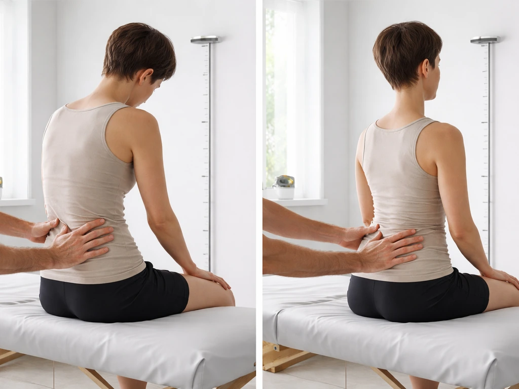 Therapist’s hands adjusting hips and back while an anonymous person stands by a stadiometer in a clinic.