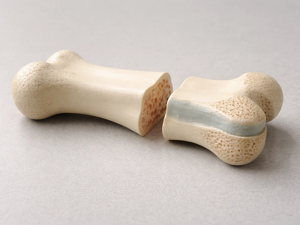 Minimal photo of a bone cross-section model showing closed adult growth plate vs open plate.