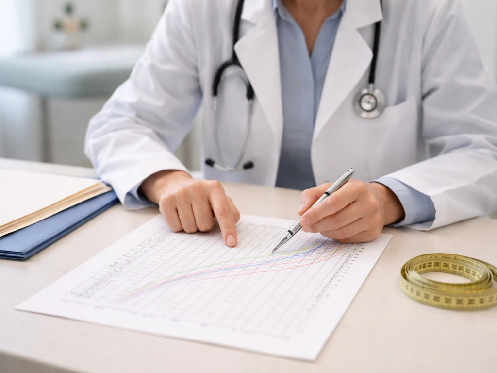 Clinician reviews a child’s growth chart at a pediatric endocrinology clinic desk, pointing to the curve.